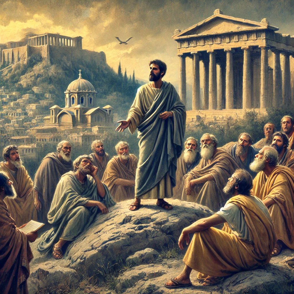 Dall·e 2024 08 20 00.43.18 An Image Of The Apostle Paul Preaching At The Areopagus In Athens, As Described In The Book Of Acts. The Scene Takes Place On A Rocky Outcrop Overlook